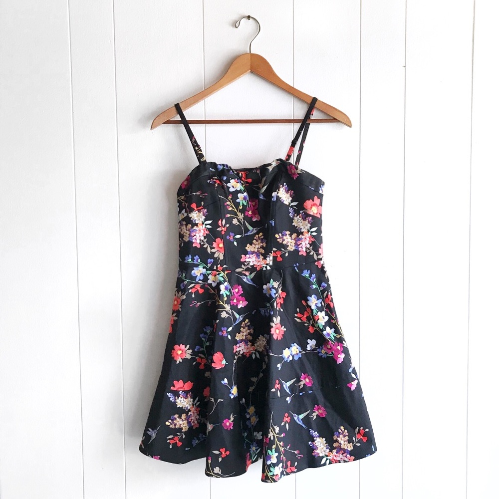 Express Floral Black Fit + Flare Dress - Picture 1 of 8